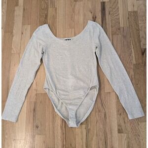 Vintage 90s DKNY Jeans Bodysuit Women Small Gray Scoop Neck Long Sleeve Logo